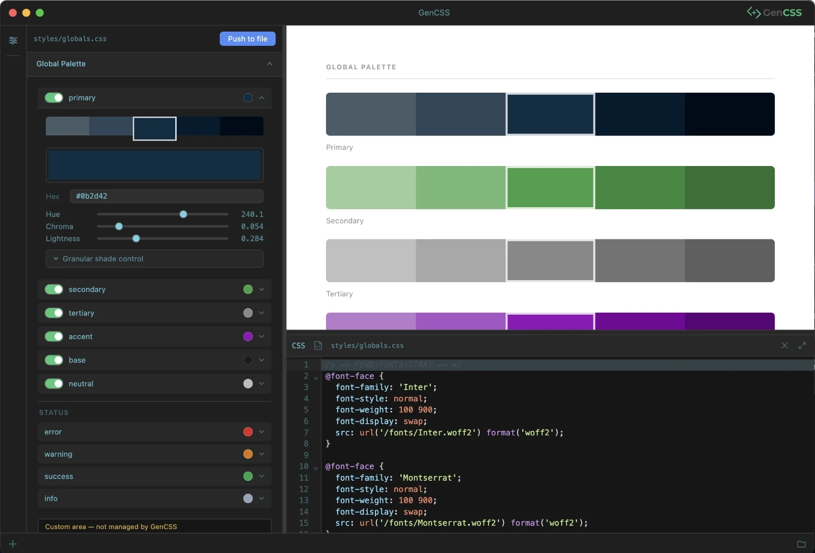 GenCSS app interface showing visual controls and generated CSS output